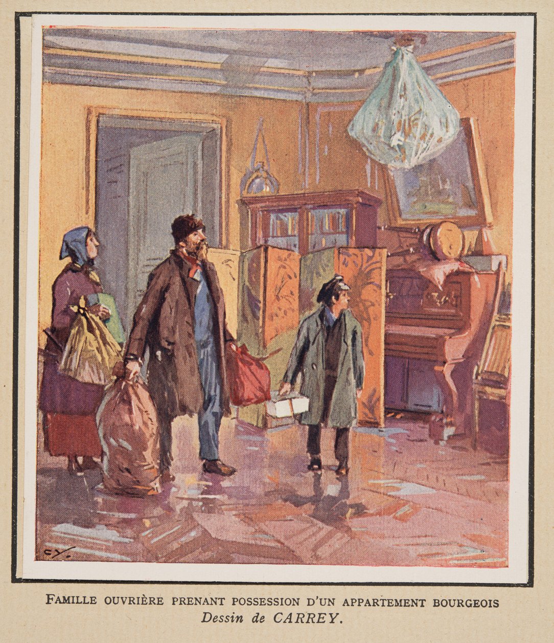 Arbeiterfamilie bezieht eine bürgerliche Wohnung, aus Histoire des Soviets, veröffentlicht 1922 von Georges Carrey