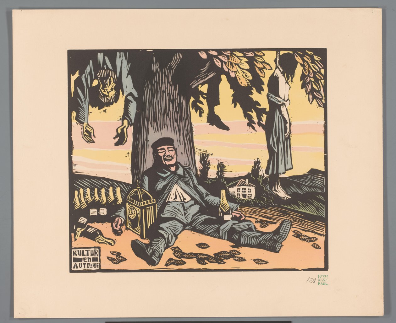 Soldat, der gegen einen Baum lehnt, mit aufgehängten Menschen von Georges Hermann Rene Paul