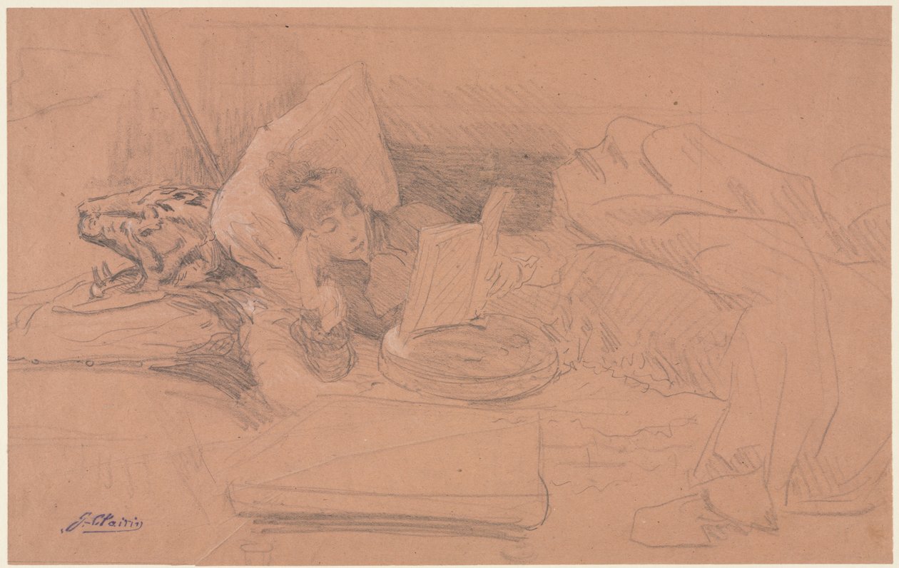 Sarah Bernhardt liegend auf einem Diwan, lesend von Georges Jules Victor Clairin