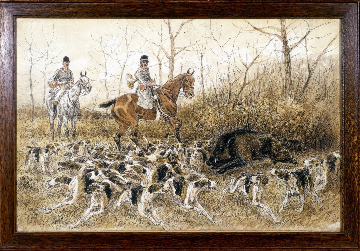 Hunderudel um einen Wildschwein bei einer Jagd - Zeichnung von Georges La Roque, ca. 1900 von Georges La Roque