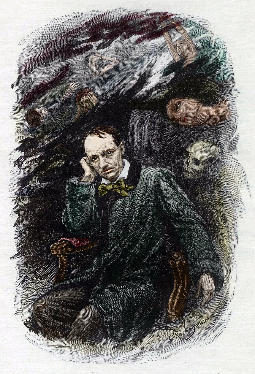 Porträt des französischen Dichters Charles Baudelaire (1827-1861) umgeben von seinen Geistern (Darstellung des französischen romantischen Dichters Charles Baudelaire umgeben von Geistern, Illustration für „Die Blumen des Bösen“) Illustration von Georges An von Georges Marie Rochegrosse