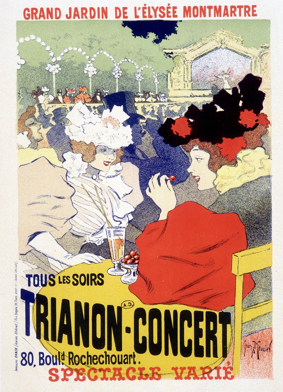 Trianon-Konzert, tägliche Show im großen Garten des Elysee Montmartre (Elysee-Montmartre) in Paris. Plakat von Georges Meunier. von Georges Meunier