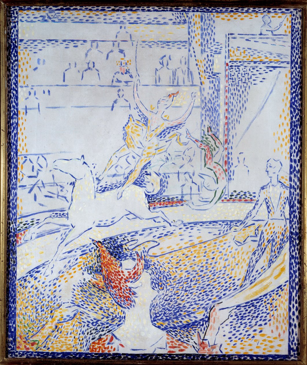 Zirkus. Eine Tänzerin macht eine akrobatische Nummer auf dem Pferd und ein Clown von Georges Pierre Seurat