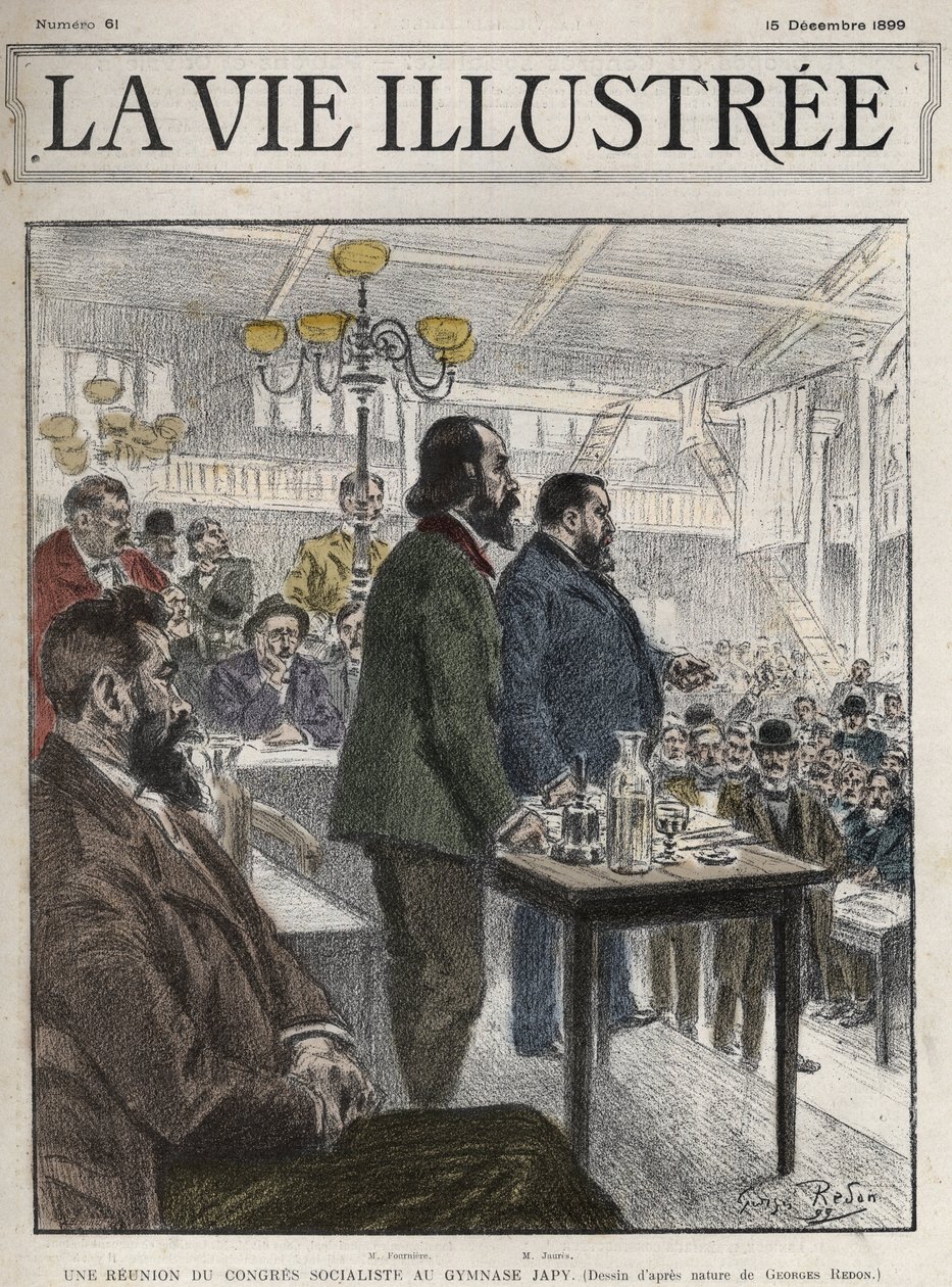 Allgemeiner Kongress der sozialistischen Organisationen, abgehalten in Paris im Dezember 1899, im Gymnasium Japy - Jean Jaurès (1859-1914) und Eugene Fournier (1857-1914) Zeichnung von Georges Redon - la vie illustrée von 1899 von Georges Redon