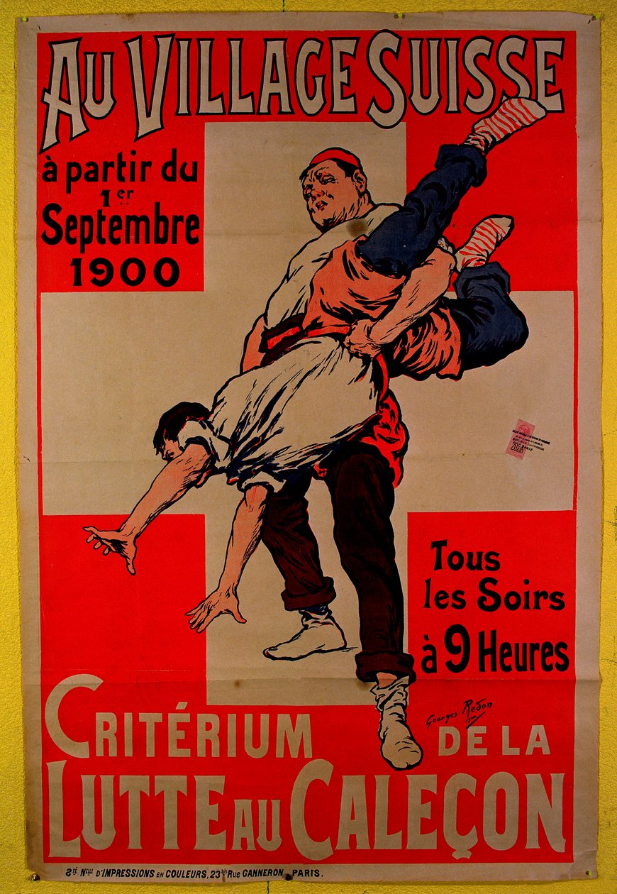 Plakat, das Wrestling-Wettbewerbe im Schweizer Dorf bewirbt, 1900 von Georges Redon