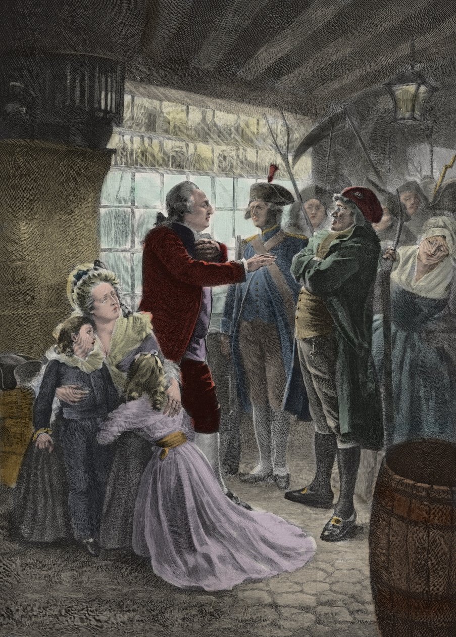 Französische Revolution: 21. Juni 1791 Die königliche Familie (Ludwig XVI. König von Frankreich, Königin Marie Antoinette und ihre beiden Kinder Madame Elisabeth, die Schwester des Königs, und die Gouvernante der Kinder) wurde in der Herberge von Varennes  von Georges Roussin