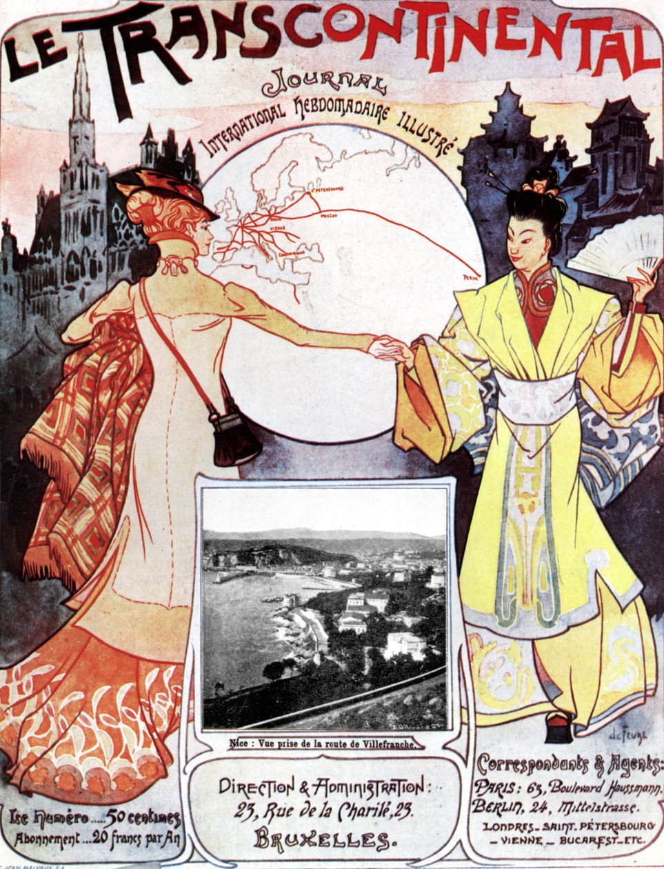 Titelseite der Zeitung Le transcontinental als Symbol für die Eisenbahnverbindung zwischen Ost und West dank der Transsibirischen Eisenbahn von Georges de Feure