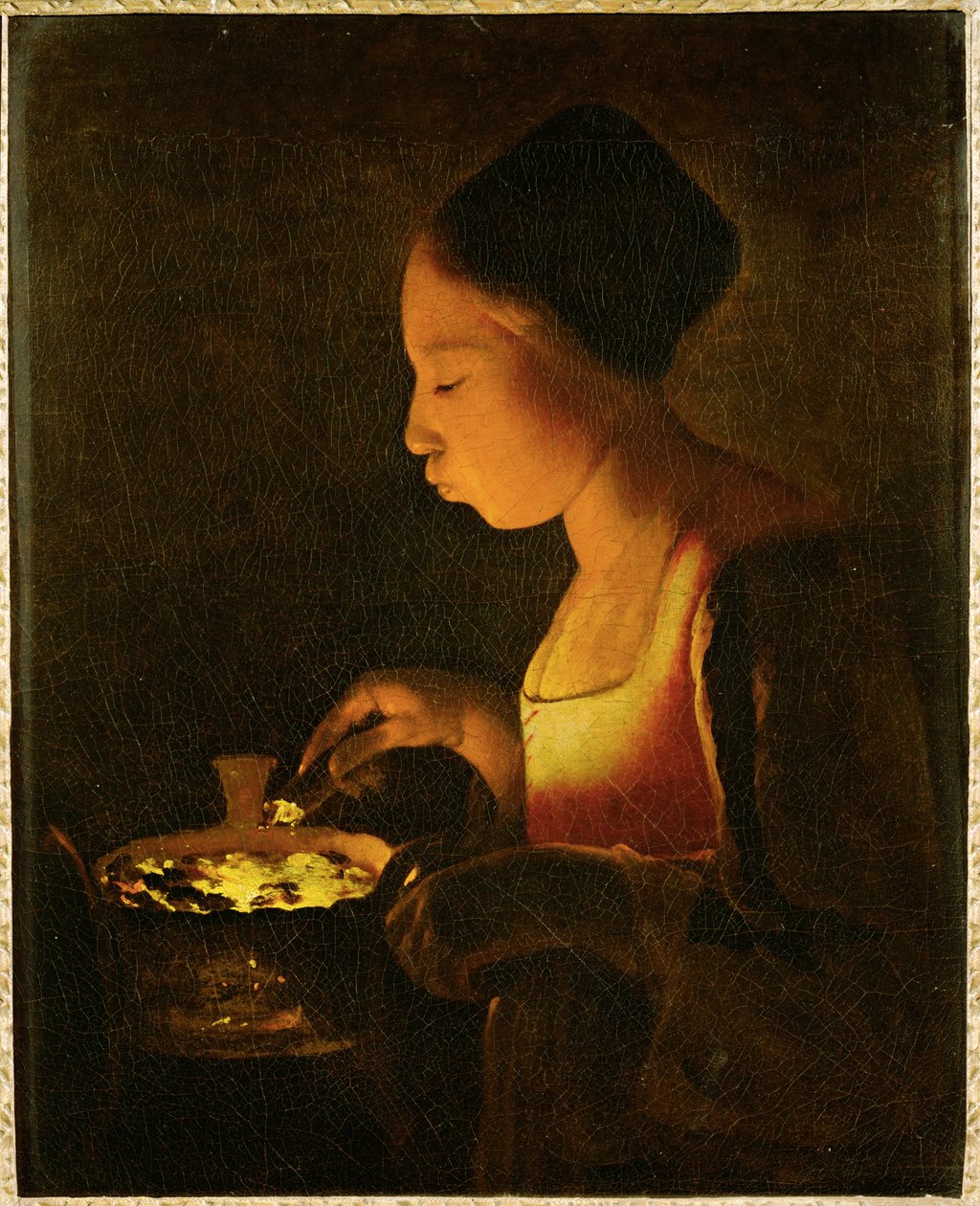 Mädchen, das auf einen Kohlenbecken bläst von Georges de la Tour