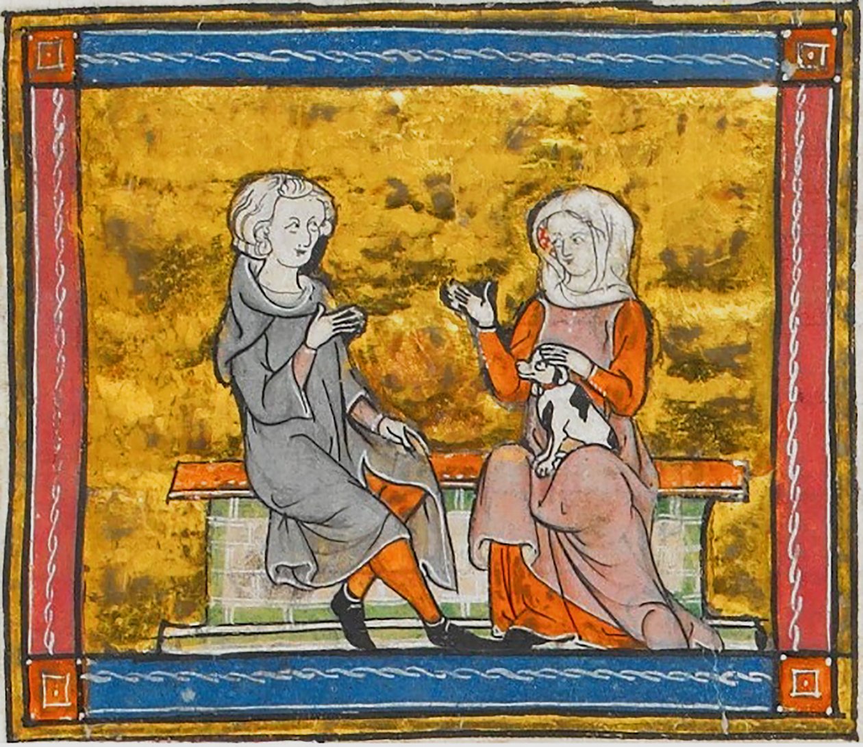 Lancelot im Gespräch mit einer Dame, die einen kleinen schwarz-weißen Hund hält, aus Morte Artu, ca. 1315-1325 von Georgia Levan Ramishvili from Tbilisi