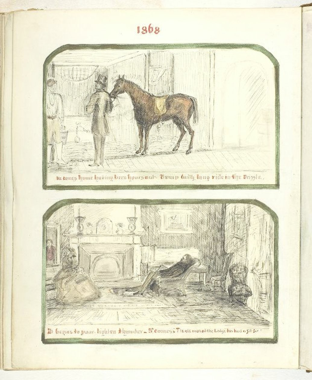 Ohne Titel [Mann mit Pferd und Paar, das sich am Feuer entspannt] von Georgina Cowper