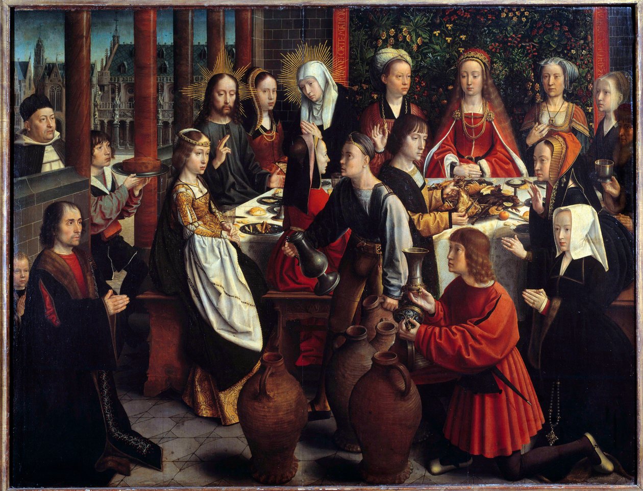 Die Hochzeit zu Kana (Das Wunder der Wasserverwandlung in Wein während eines Hochzeitsbanketts, zu dem Jesus und Maria eingeladen sind) (Gemälde von Gerard David) von Gerard David