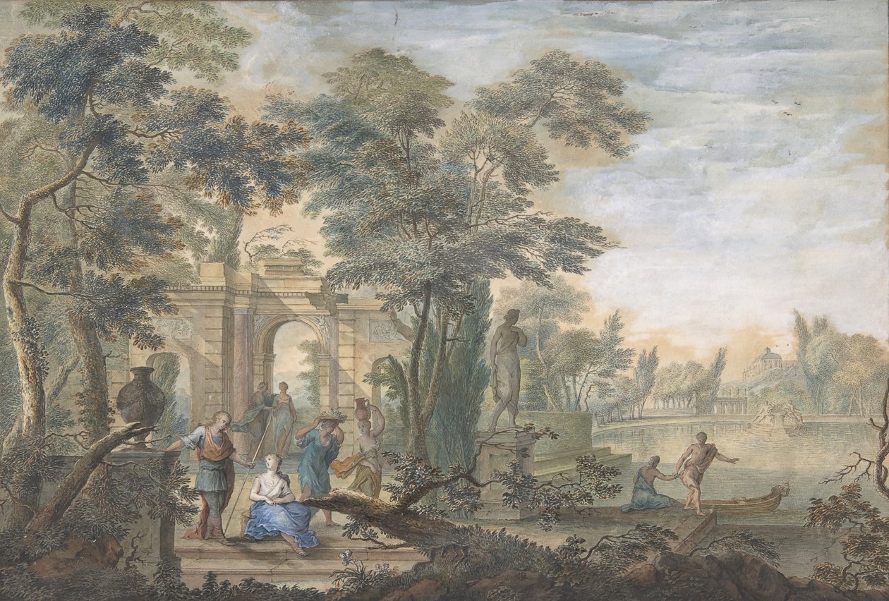 Arkadische Landschaft mit mehreren Figuren und einer Statue der Diana von Gerard Melder