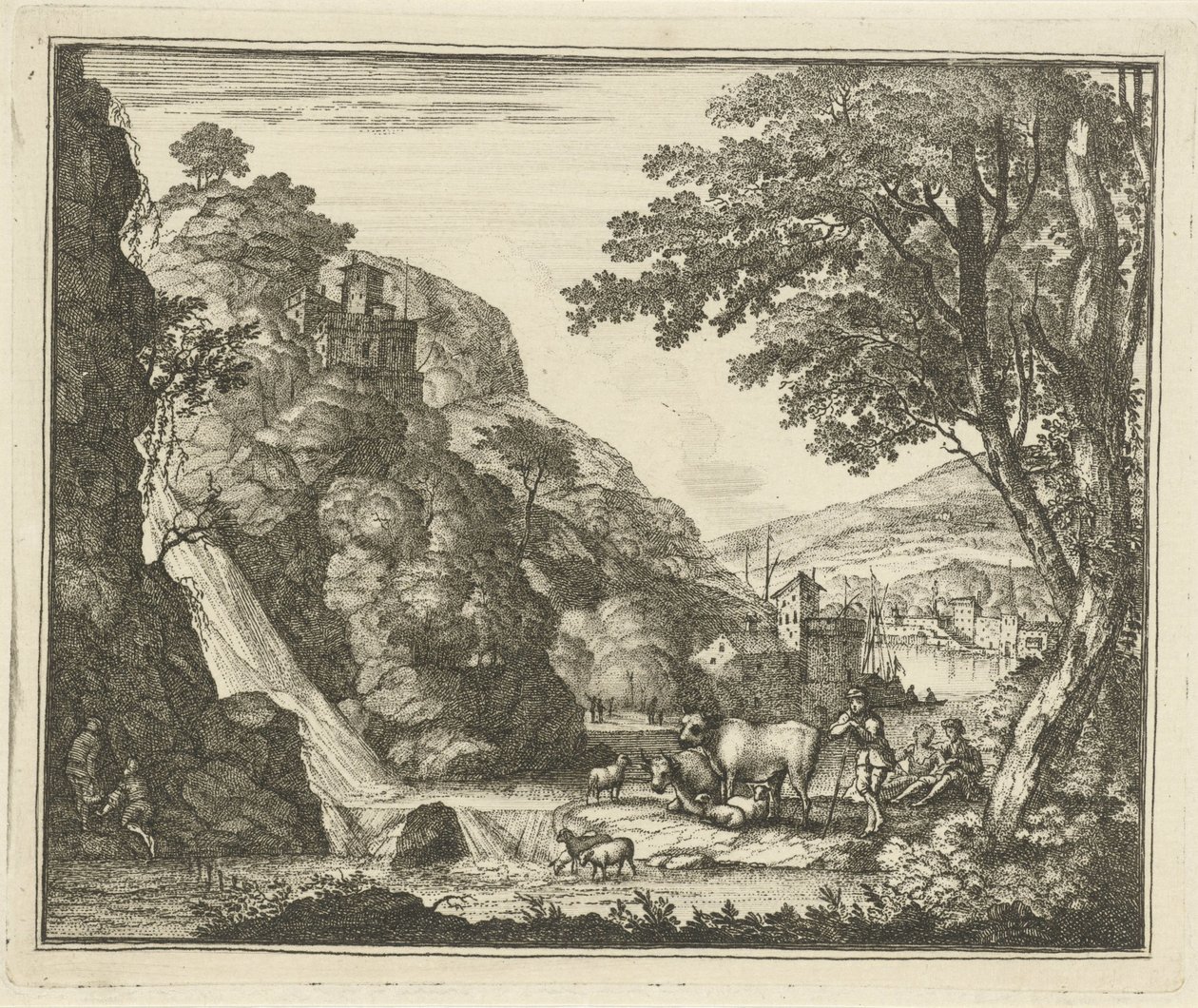 Hirte mit Tieren bei einem Wasserfall von Gerard Melder