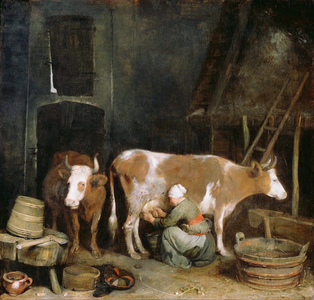Eine Magd melkt eine Kuh in einer Scheune, 1652-1654 von Gerard Ter Borch the Younger