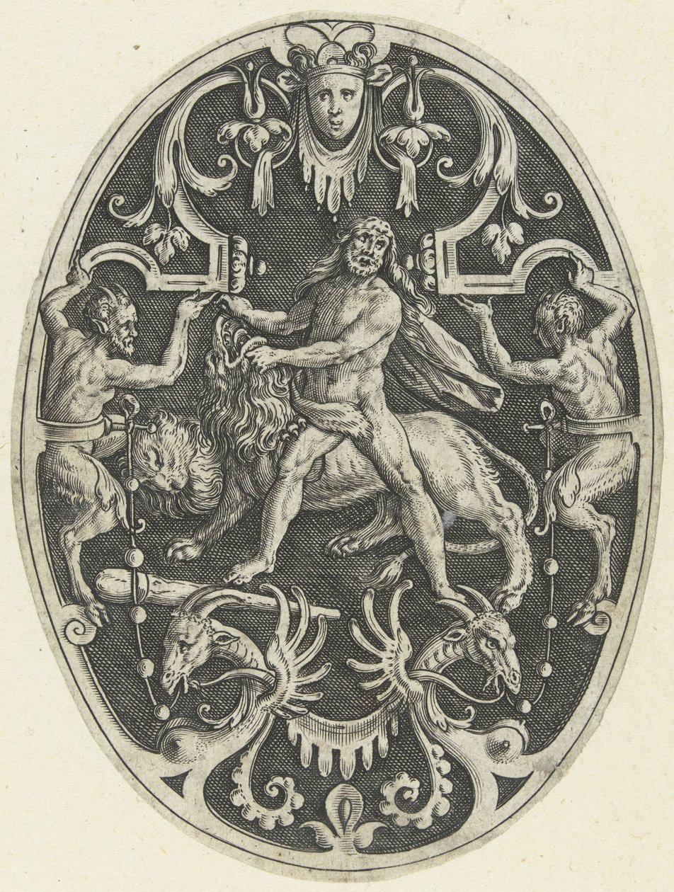 Flächendekoration: Herkules und der nemeische Löwe (Ovale Flächendekorationen mit den Taten des Herkules in Grotesken) von Gerard de Jode