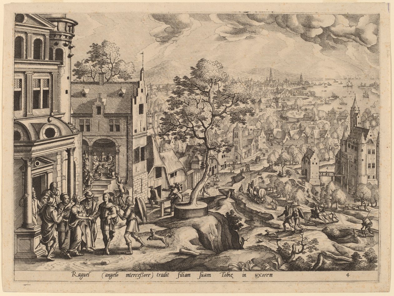 Tobias kommt im Haus von Raguel an von Gerard de Jode after Hans Bol