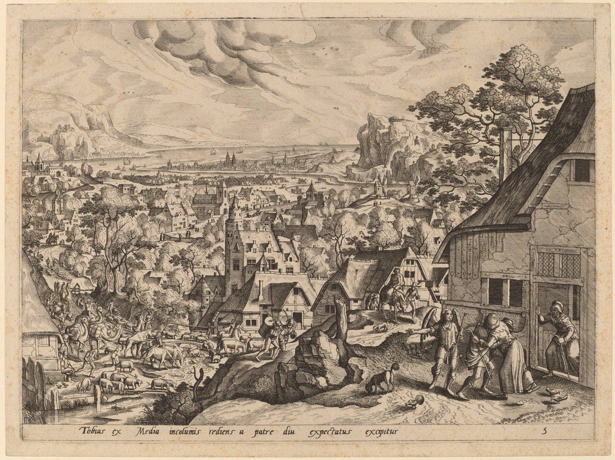 Tobias kehrt mit seiner Braut nach Hause zurück von Gerard de Jode after Hans Bol