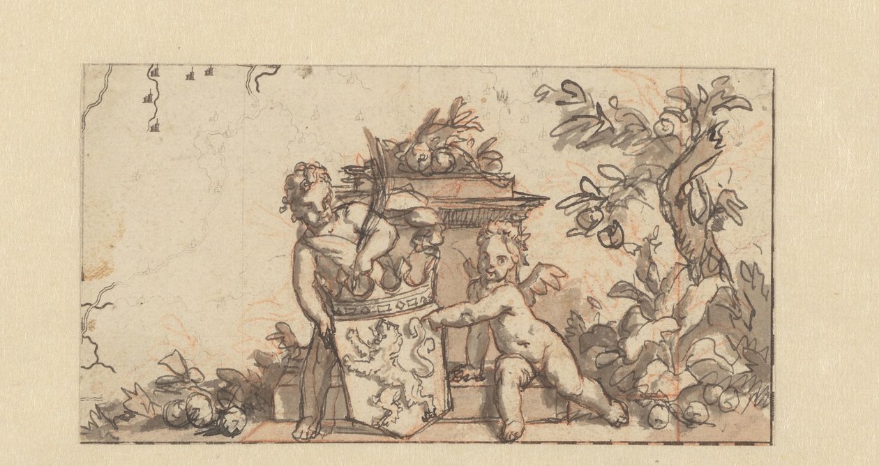 Entwurf für ein Vignette mit zwei Putti mit dem Wappenschild von Holland von Gerard de Lairesse