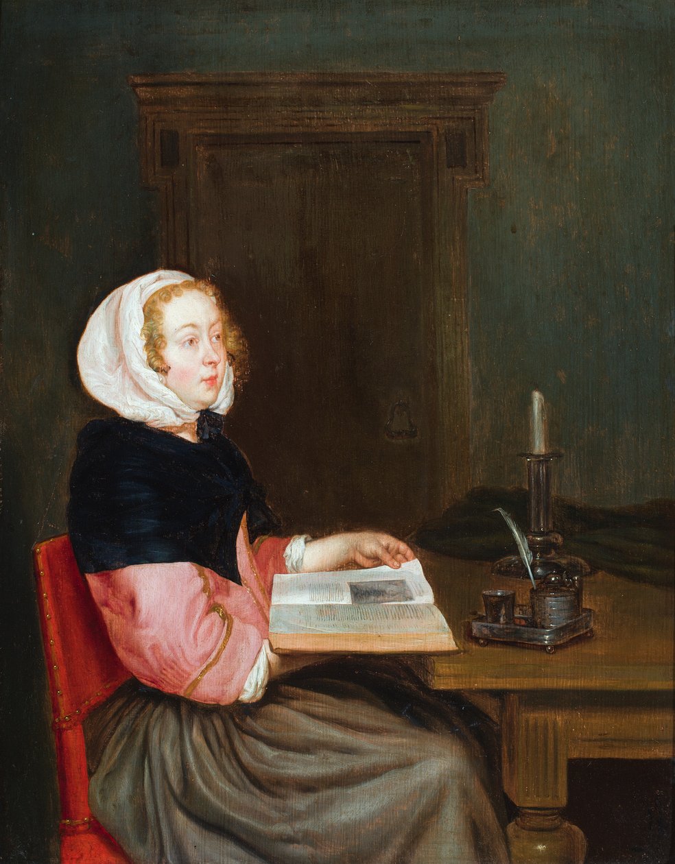 Ein Interieur mit einer Frau, die an einem Tisch sitzt und ein Buch hält von Gerard ter (after) Borch or Terborch