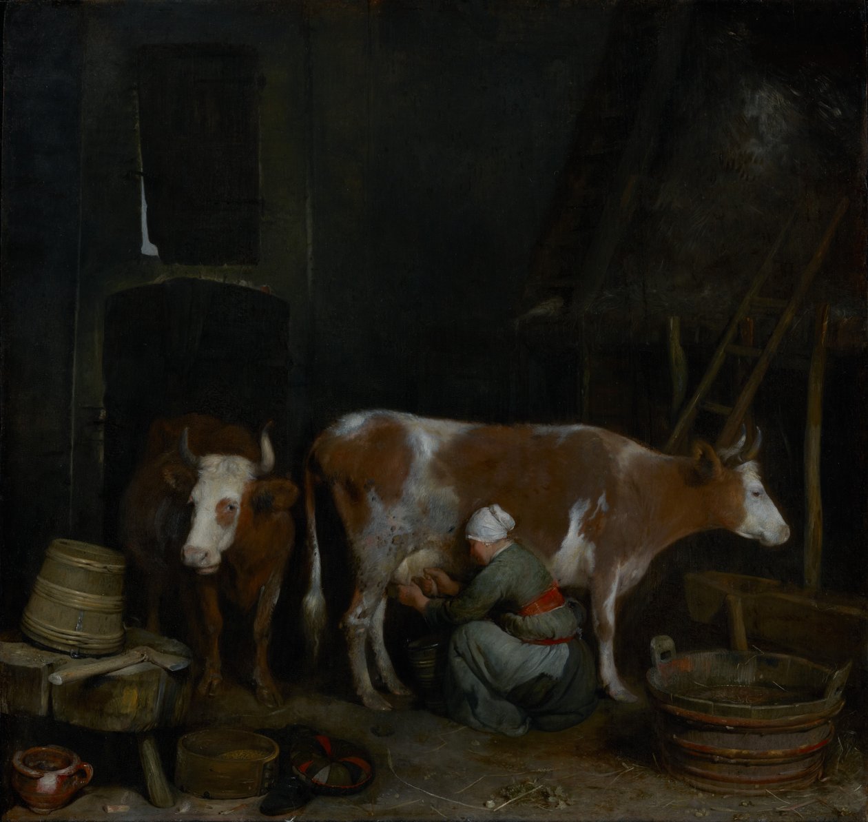 Eine Magd melkt eine Kuh in einem Stall von Gerard ter Borch