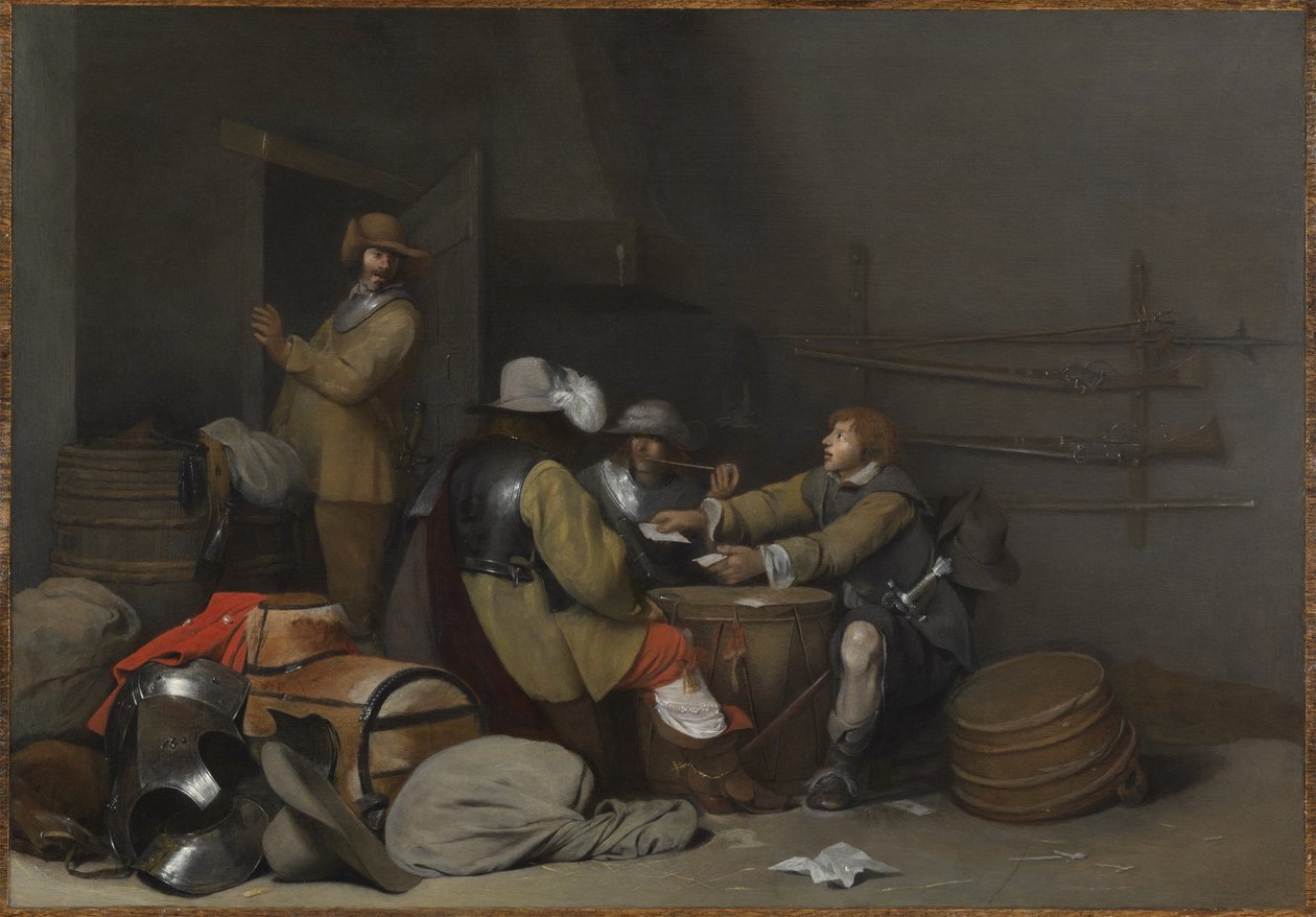 Wachstube mit rauchenden und Karten spielenden Soldaten von Gerard ter Borch
