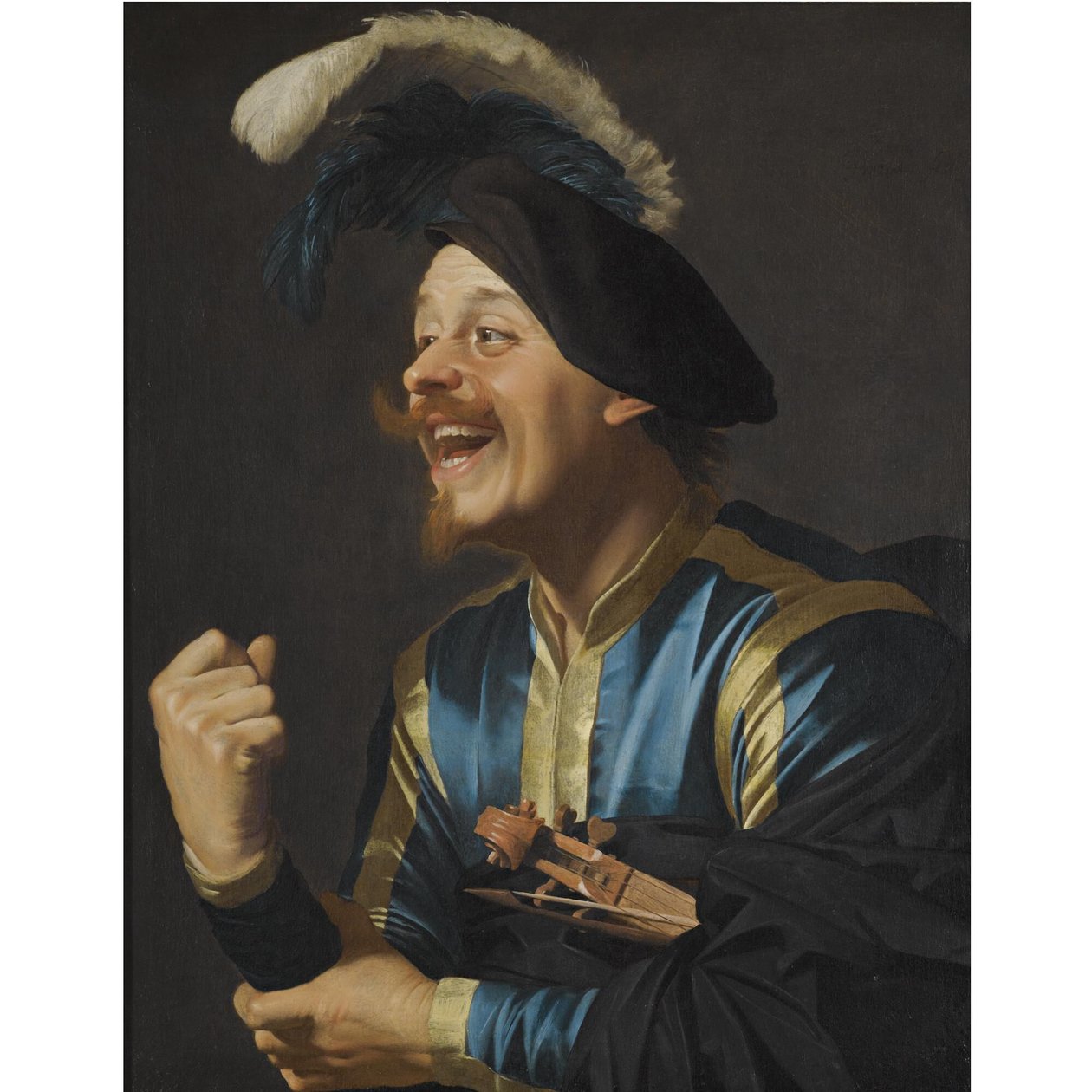 Lachender Musiker mit einer Geige unter dem Arm von Gerard van Honthorst