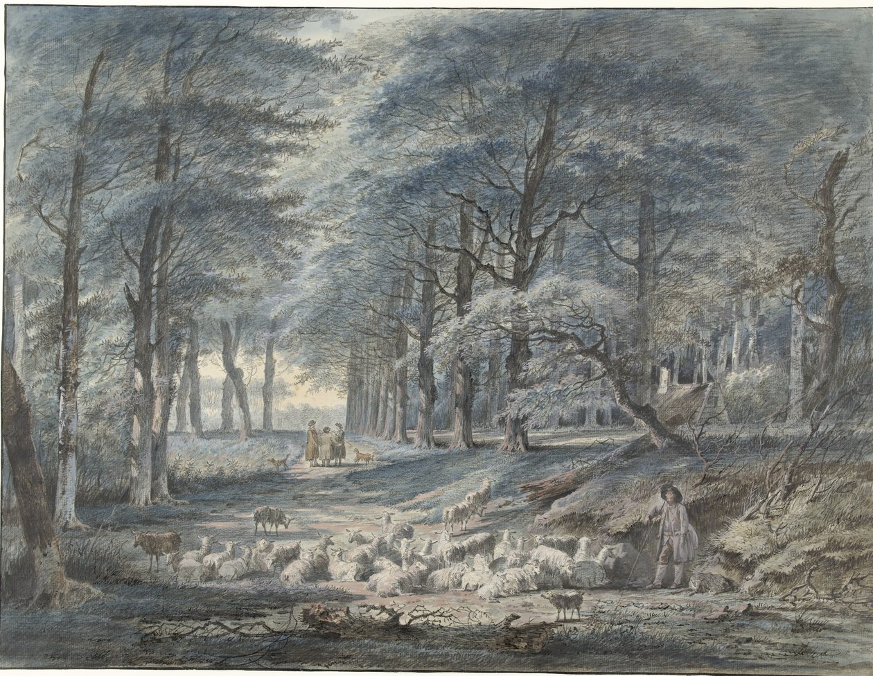 Waldansicht mit einem Hirten und Schafen und drei Figuren von Gerard van Nijmegen