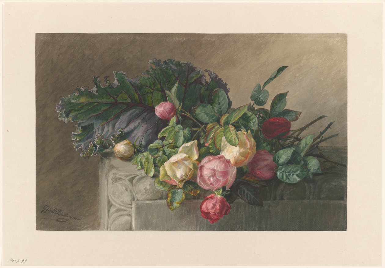 Stillleben mit Rosen und Kohlblatt von Gerardina Jacoba van de Sande Bakhuyzen