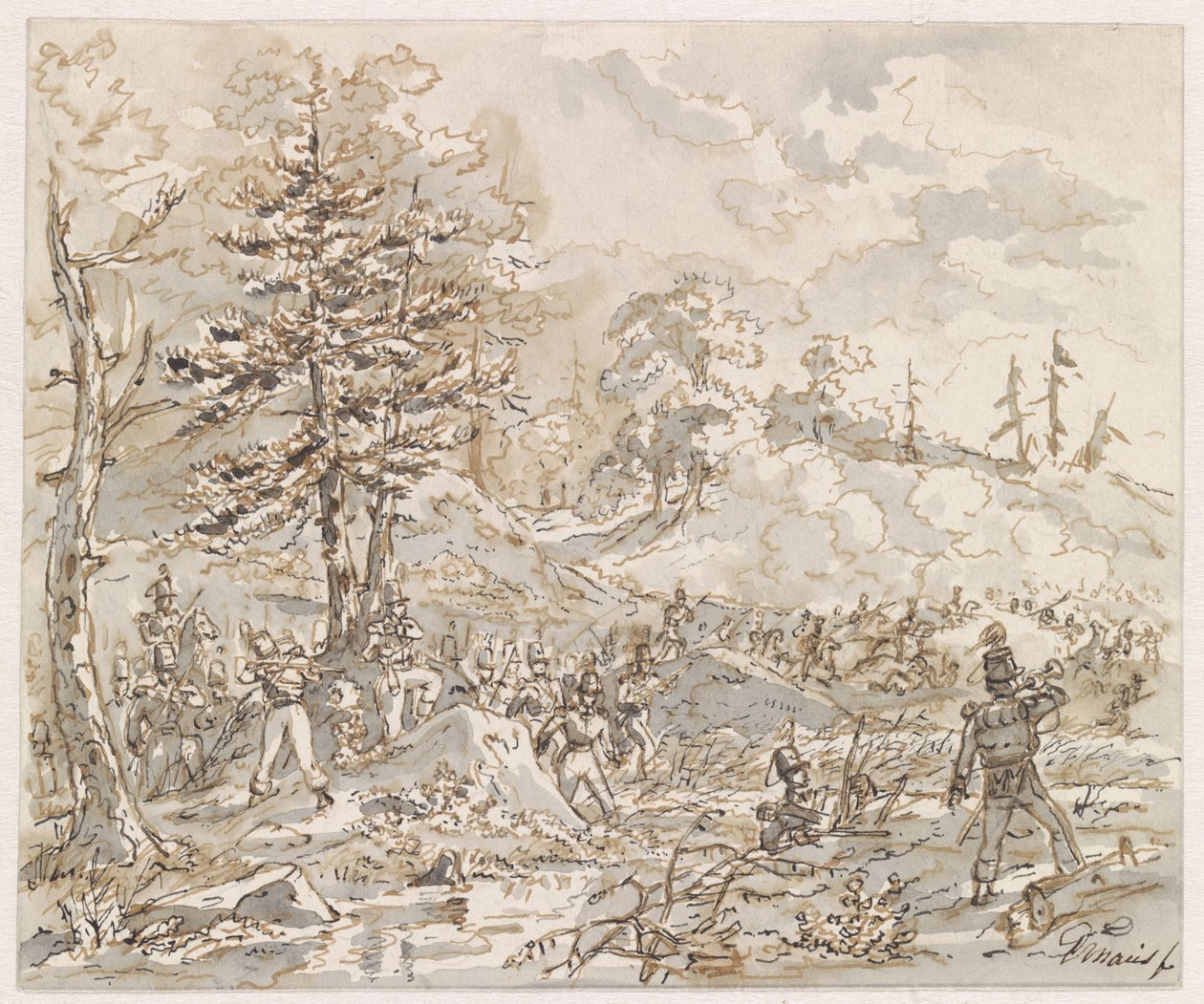 Kampf zwischen Kavallerie und Fußvolk in Hügellandschaft von Gerardus Emaus de Micault
