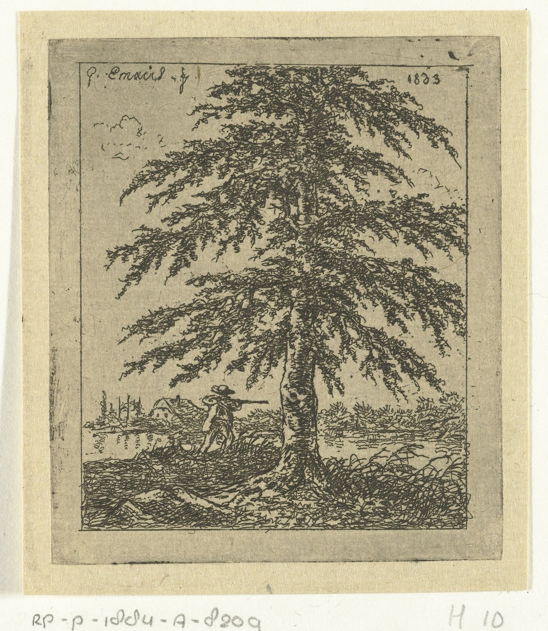 Landschaft mit Buche und Jäger von Gerardus Emaus de Micault