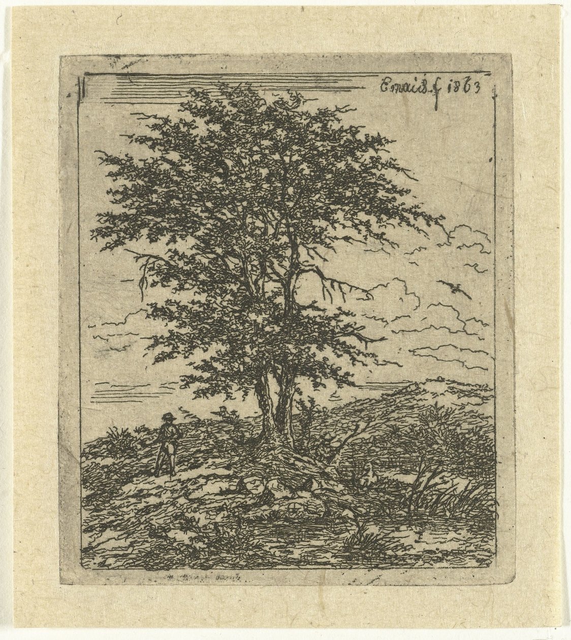 Landschaft mit Eiche und Jäger von Gerardus Emaus de Micault