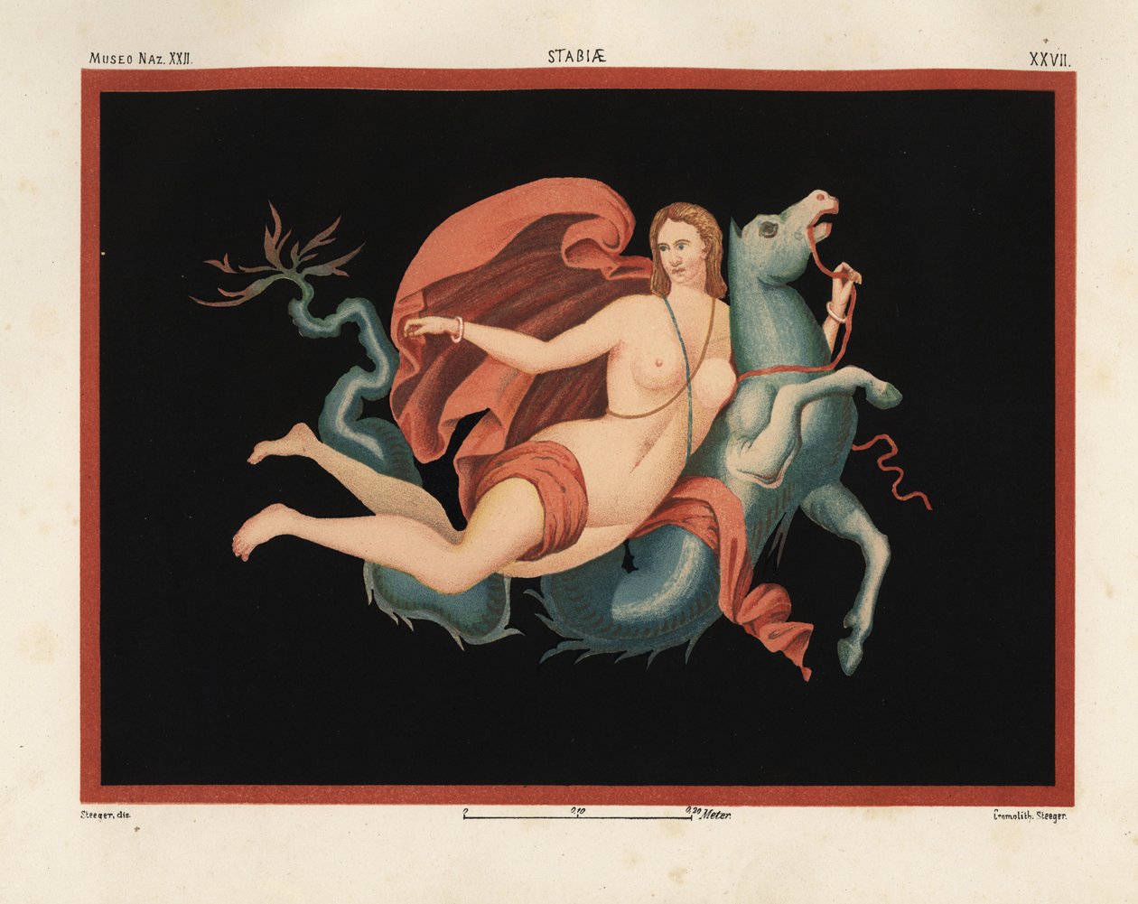 Eine Nereide (Meernymphe) im Mantel und mit Armbändern reitend auf einem Seeungeheuer oder Hippokampus, halb Pferd und halb Fisch. Museo Naz. XXII, Stabiae. Gezeichnet und chromolithographiert von Victor Steeger aus Emile Presuhn (1844-1878) Die schönsten  von Geremia Discanno