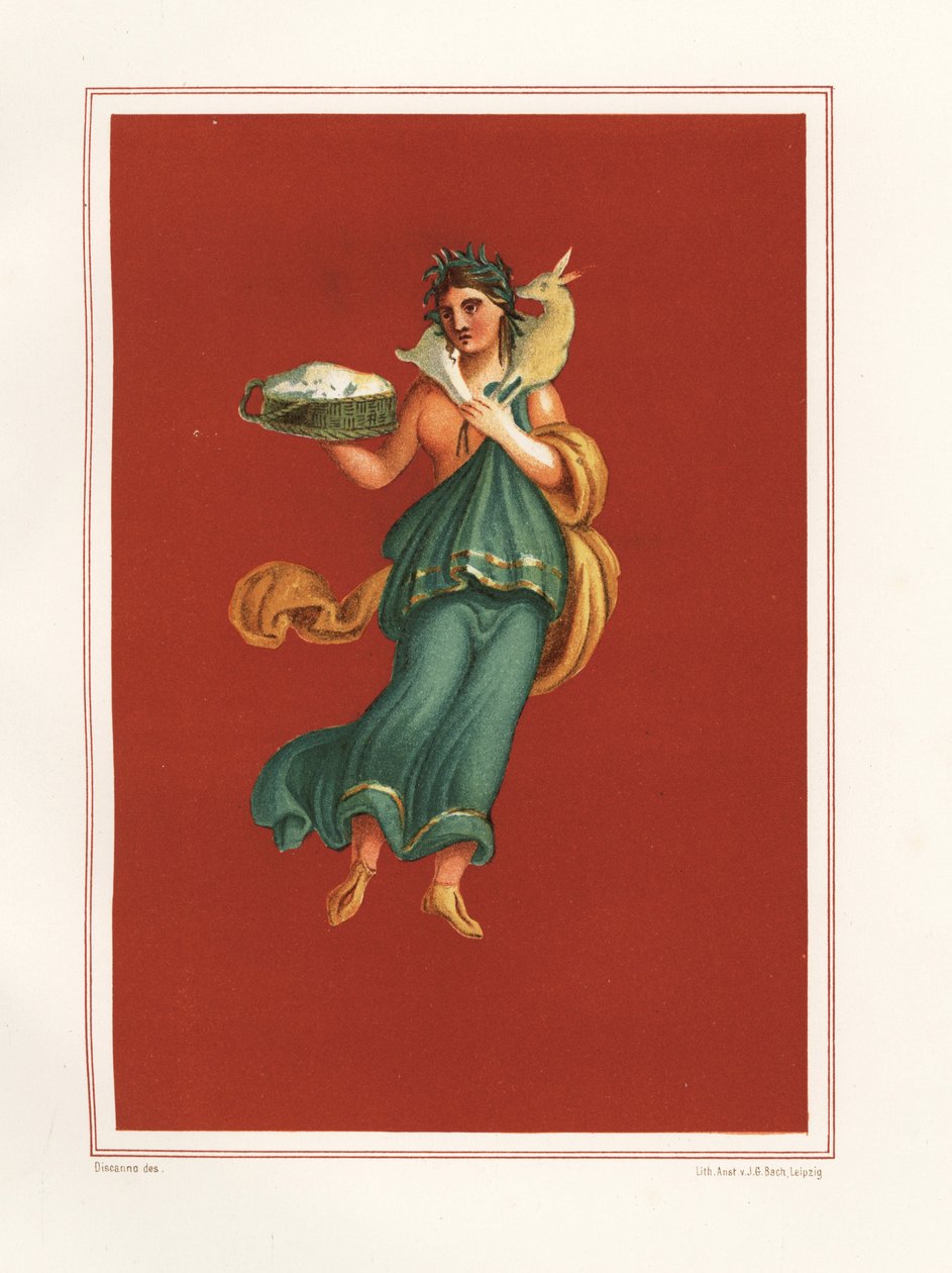 Allegorisches Wandgemälde des Frühlings von der Westseite des Atriums von Regio IX.V.11, Chromolithographie von J.G. Bach nach einer Illustration von Geremia Discanno aus Emile Presuhn 