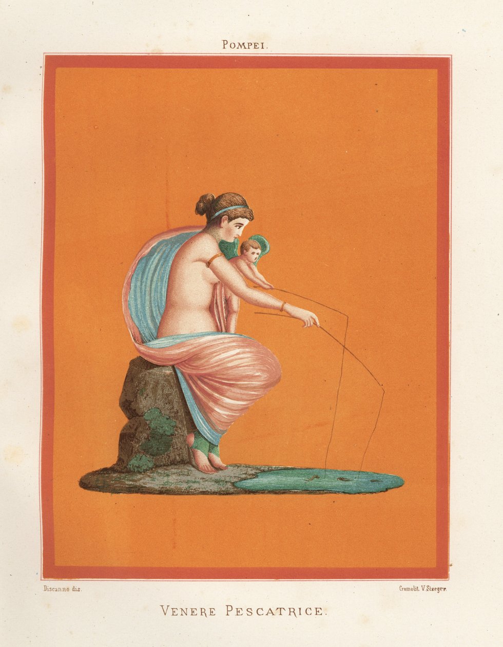 Wandmalerei von Venus und Amor beim Angeln mit Ruten aus einem Teich (Chromolithographie von Victor Steeger nach einer Illustration von Geremia Discanno aus Emile Presuhn 