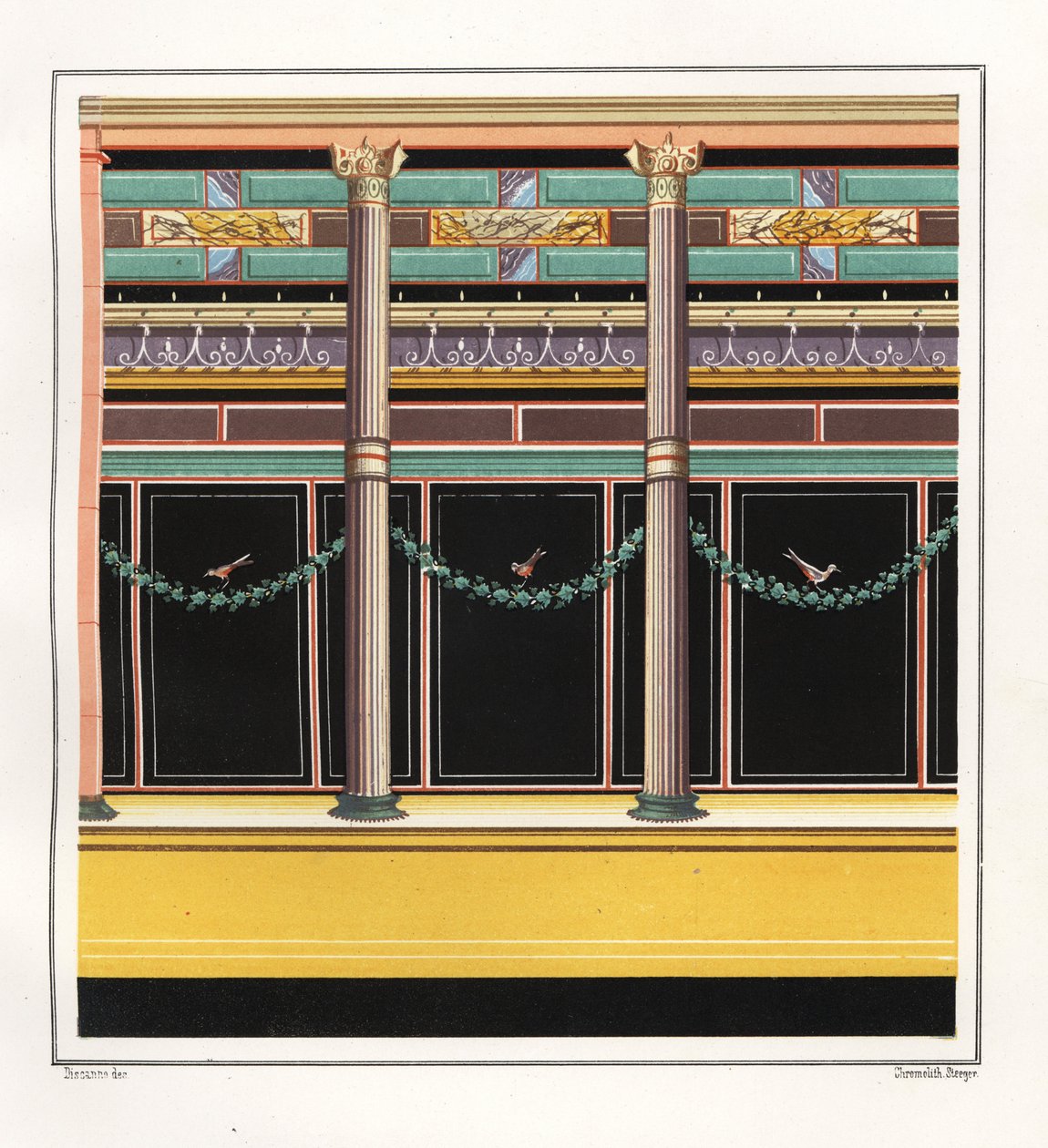 Wandmalerei aus einem Raum im Haus der Epigramme (Chromolithographie von Victor Steeger nach einer Illustration von Geremia Discanno aus Emile Presuhn 