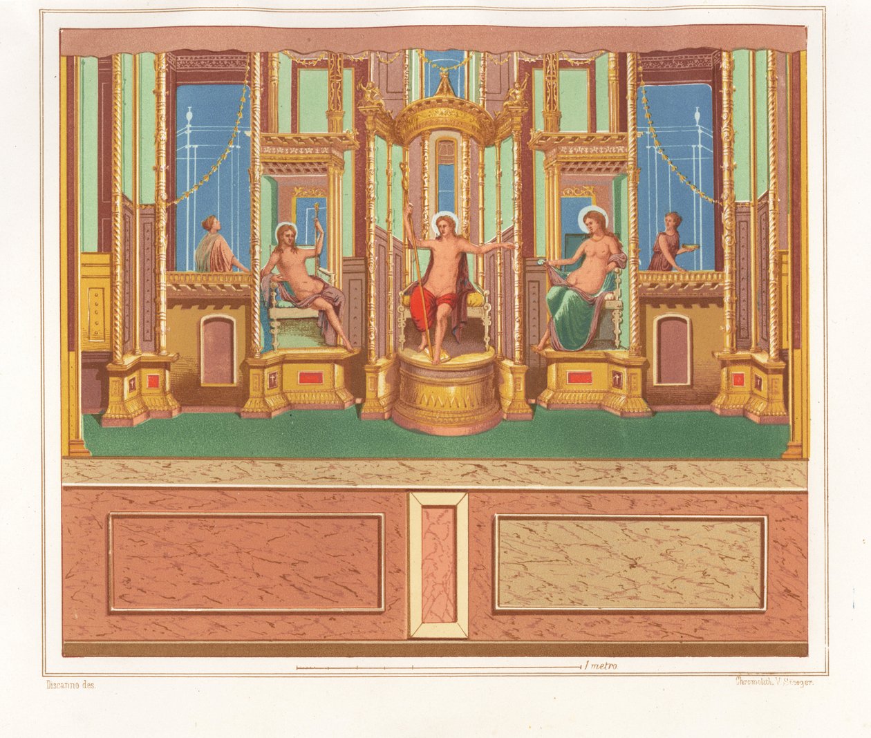Wandmalerei, die Bacchus, Venus und Apollo zeigt, aus einem abgelegenen Sitzbereich in einer Ecke eines Gartens im Domus M. Herenulli Communis oder Haus des Apollo, Reg. VI, Ins. VII, Nr. 23. Chromolithografie von Victor Steeger nach einer Illustration von von Geremia Discanno