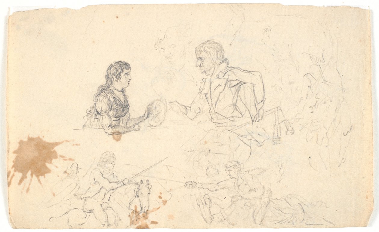 Erbprinz Frederik mit dem Erbprinzen (Chr. VIII) und Skizzen von Reitern und Figuren von Gerhard Ludvig Lahde