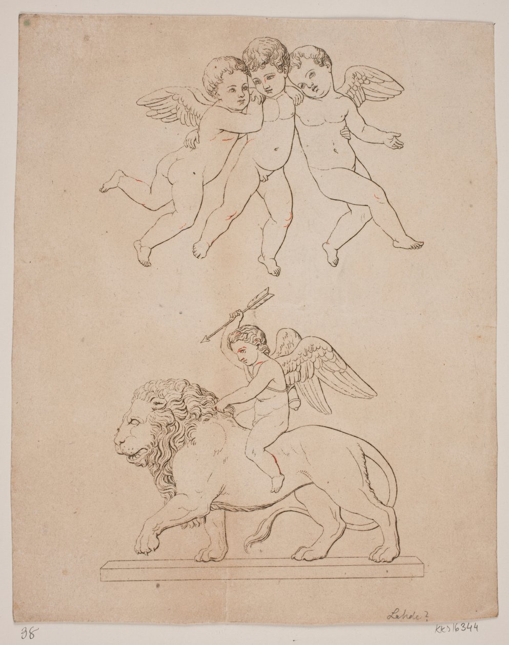 Tafel mit drei Amoren und darunter Amor auf einem Löwen von Gerhard Ludvig Lahde