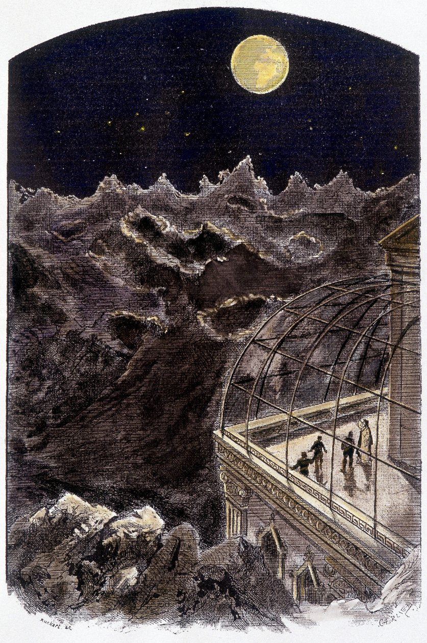 Menschen auf dem Mond beobachten die Erde - Illustration von Gerlier, in „Un monde inconnu: 2 ans sur la lune“ von Pierre de Sélènes, ed. Flammarion von Gerlier Gerlier