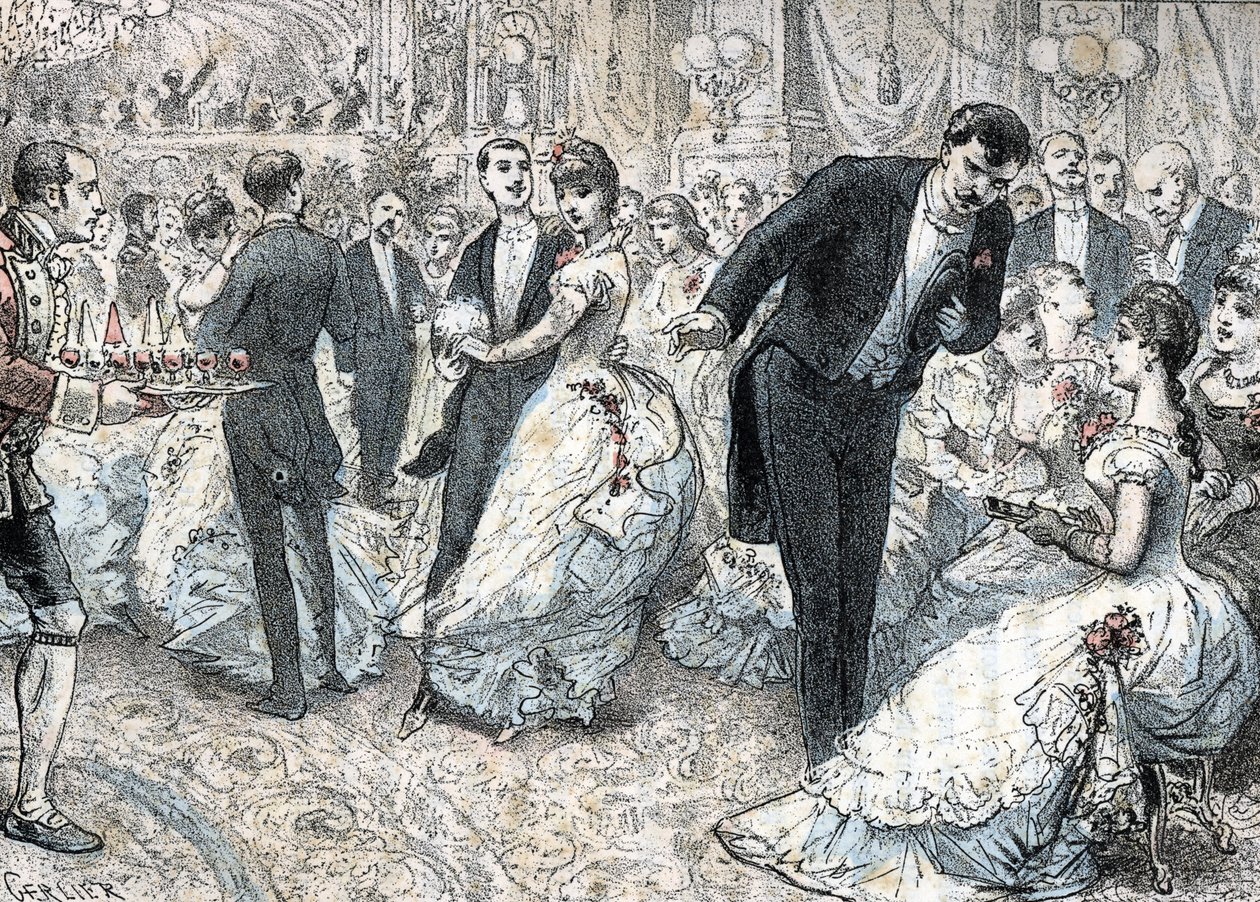 Gesellschaft und soziales Leben: der Ball um 1880. Gravur aus „Les besoins de la vie“ von Rengade von Gerlier Gerlier