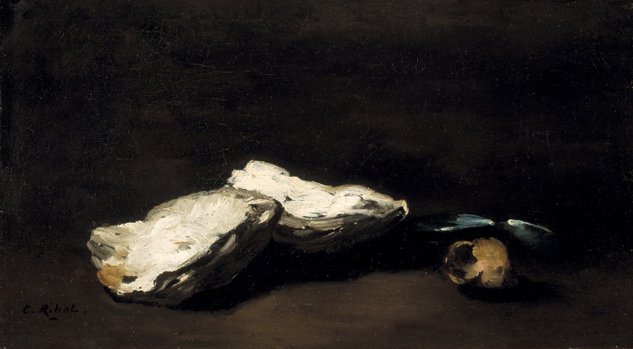Auf einem Tisch, Austern, zwei Muscheln und eine Schnecke von Germain Ribot