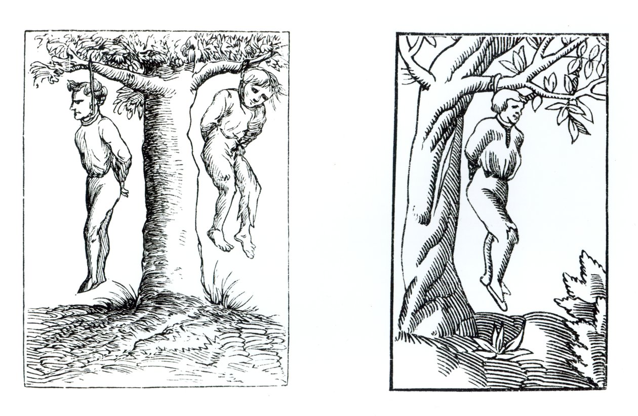 Vollstreckung der Urteile des Geheimen Tribunals, nach Holzschnitten in Cosmographie Universelle von Munster, veröffentlicht 1552 von German School