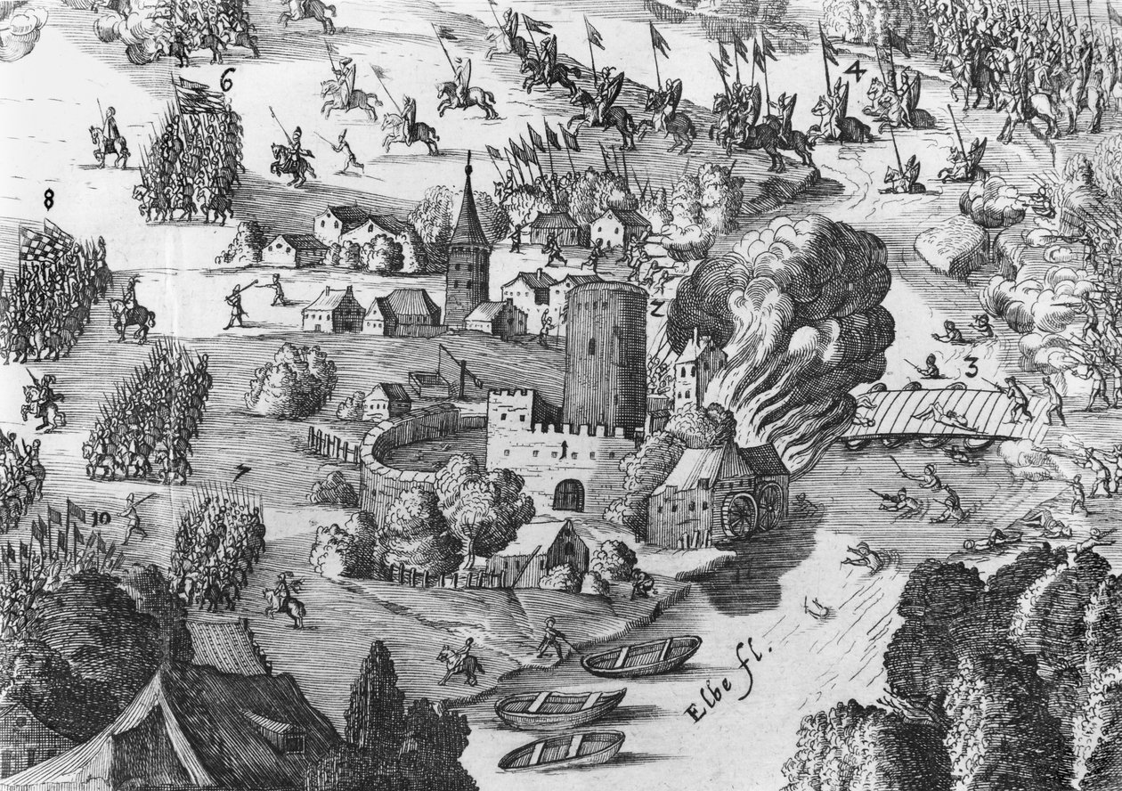 Gesamtansicht der Schlacht bei Mühlberg, Detail, 24. April 1547 von German School