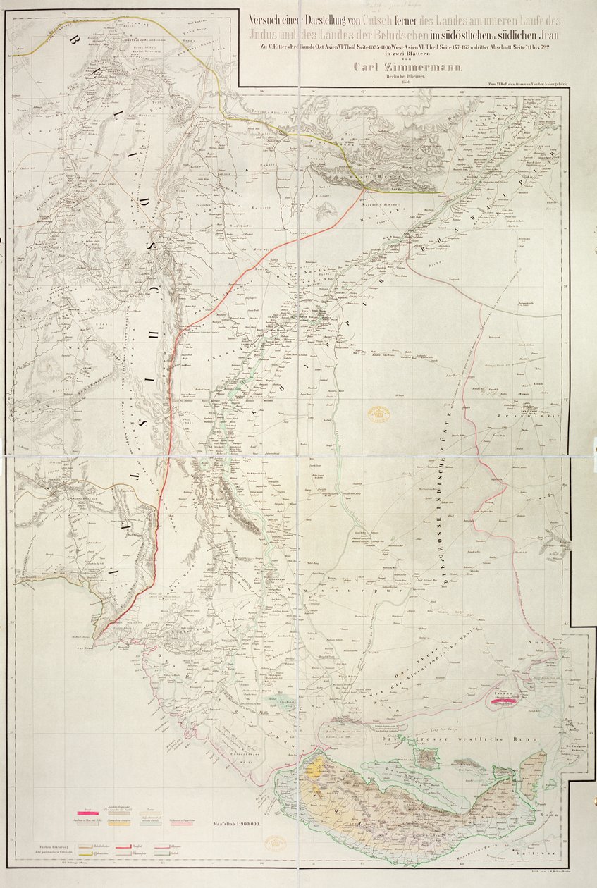 Karte der Region Kutch in Indien und ihrer Grenze zum benachbarten Baluchistan, von Carl Zimmerman, 1851 von German School
