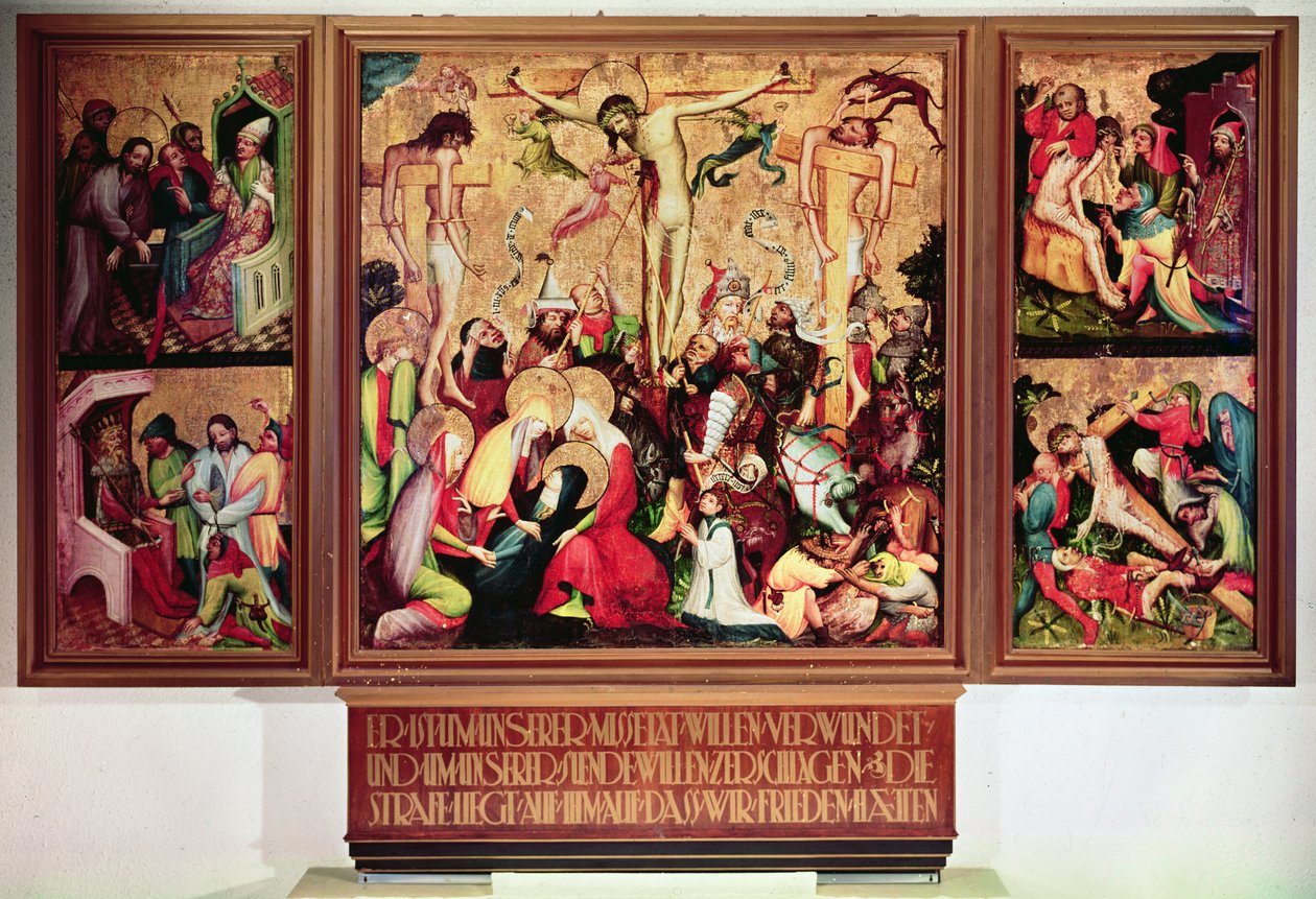 Die Kreuzigung, Triptychon mit Seitenflügeln, die Szenen aus der Passion darstellen von German School