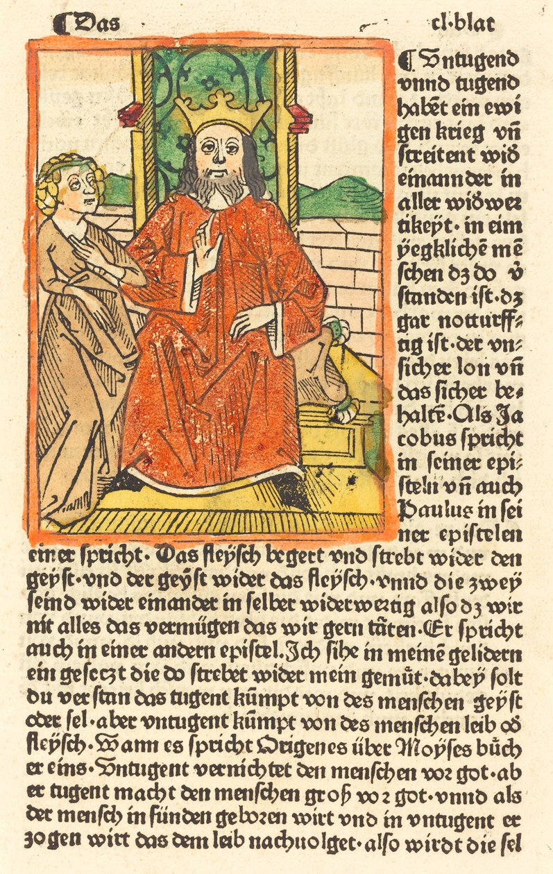 Gekrönter Mann auf einem Thron mit der Jungfrau links stehend von German 15th Century