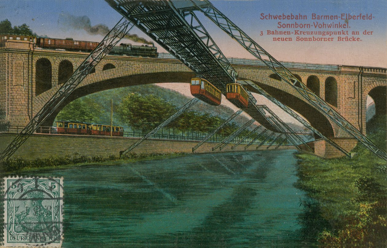 Barmen-Elberfeld-Sonnborn-Vohwinkel Schwebebahn und die neue Sonnborn Brücke, Deutschland. Postkarte gesendet 1913. von German Photographer