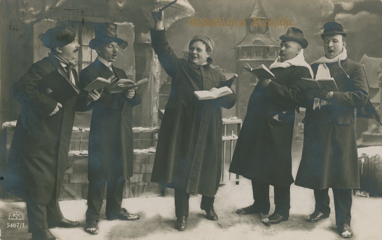 Postkarte von Deutschen, die das neue Jahr besingen, gesendet am 31. Dezember 1913 von German Photographer