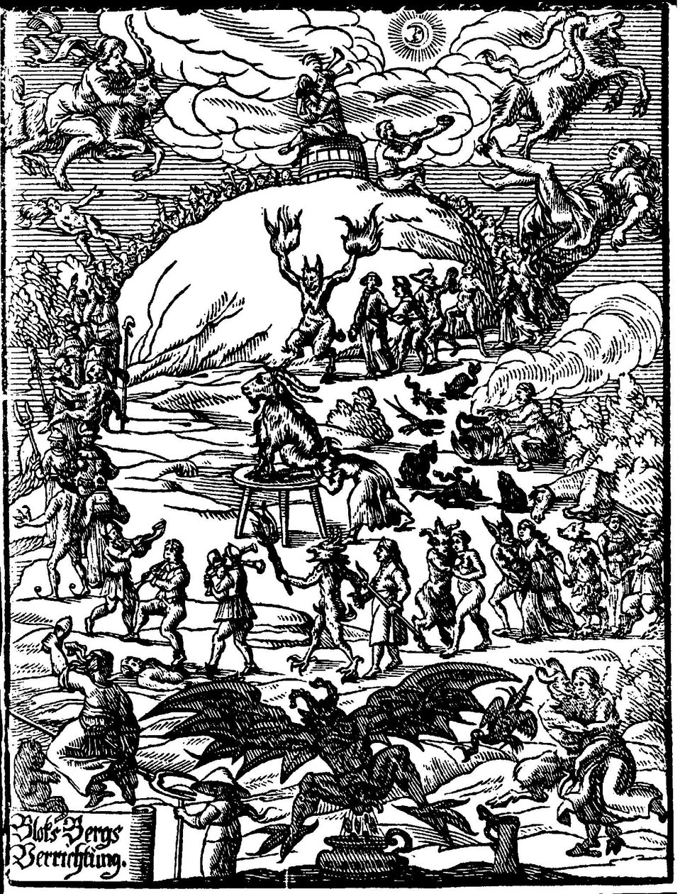 Eine Sabbatzeremonie, eine Ziege, die den Teufel darstellt, steht im Zentrum, umgeben von Hexen und Dämonen. Deutsche Gravur des 16. Jahrhunderts von German School