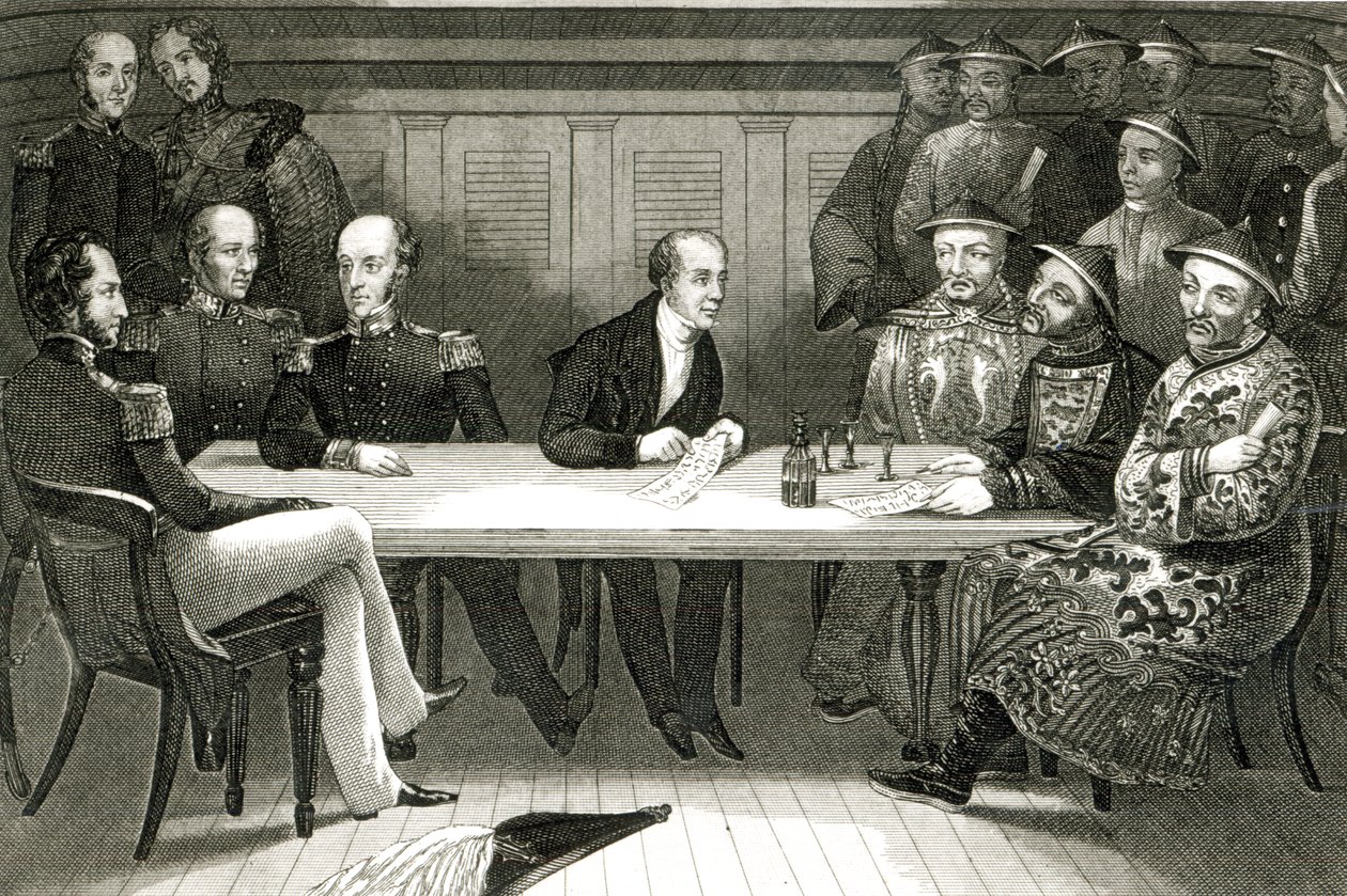 Eine Konferenz in Chusan zwischen Commodore Bremer und Chang, einem chinesischen Beamten, an Bord der HMS Wellesley, 4. Juli 1841 von German School